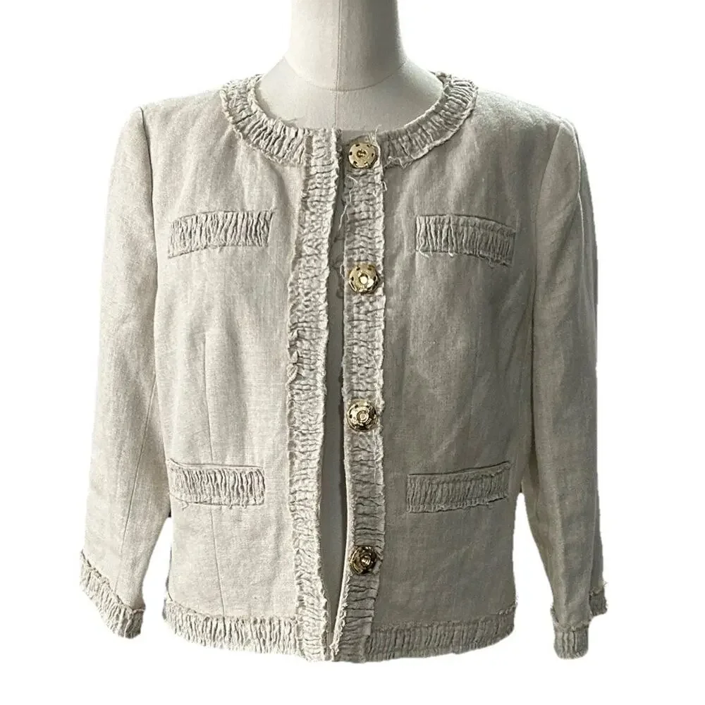 Michael Kors Linen Peplum Cropped Blazer Jacket Beige Gold Buttons Women's sz 6P